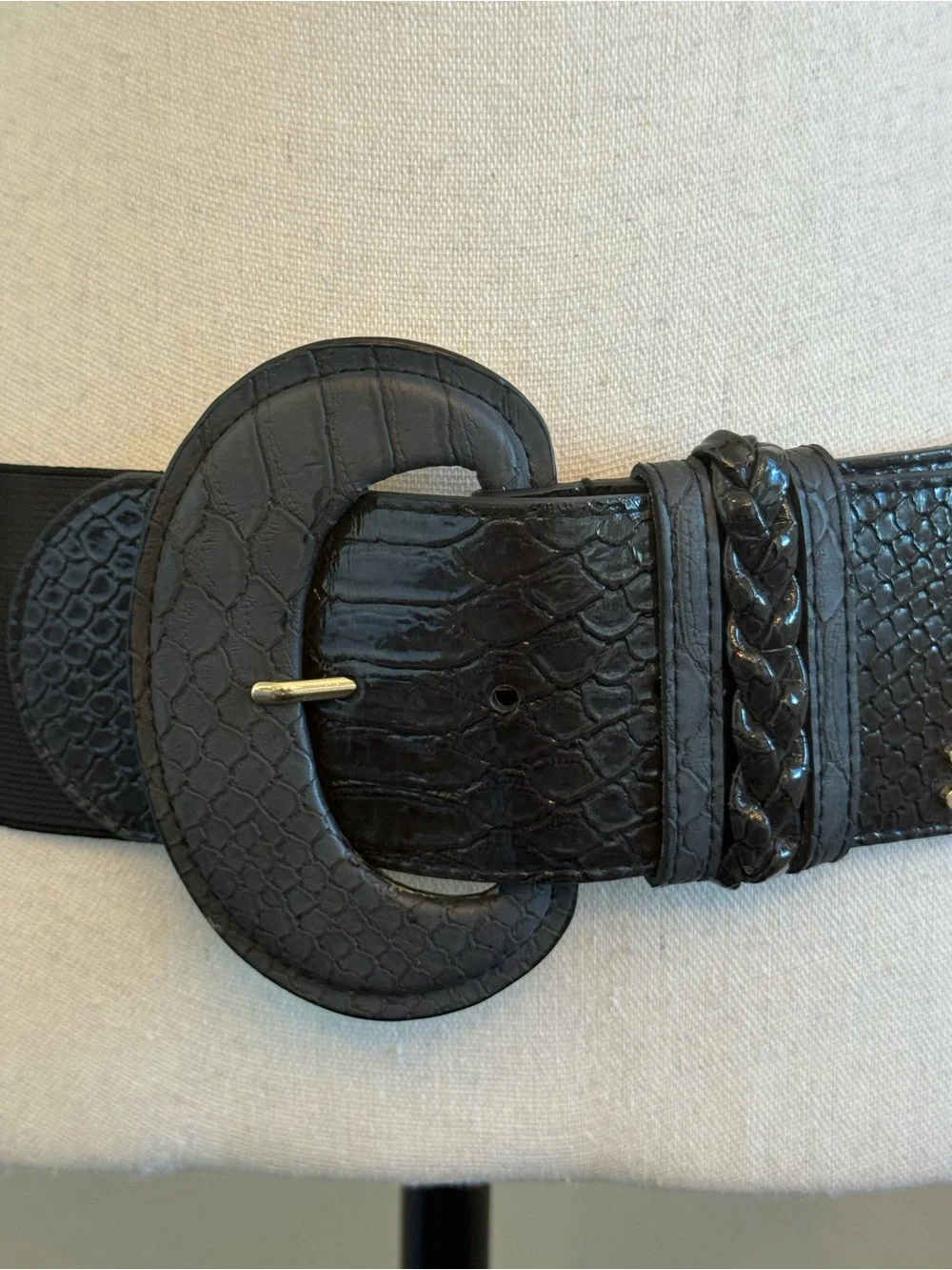 Guess Black Stretch Waist Belt Faux Snakeskin Wide Elastic Belt M/L